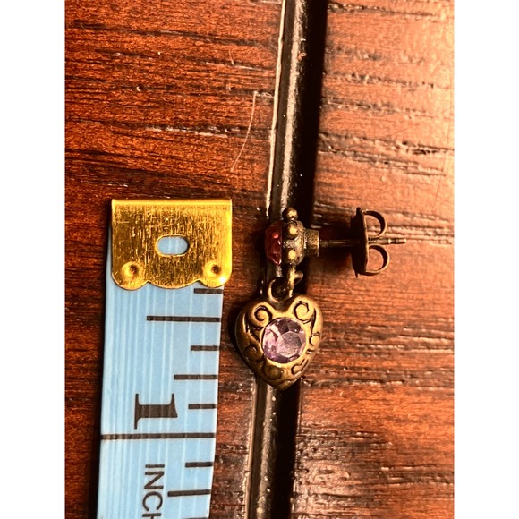 Pink Purple Rhinestones Bronze Heart Dangle .75 Inch Earrings Vintage! - Picture 5 of 5